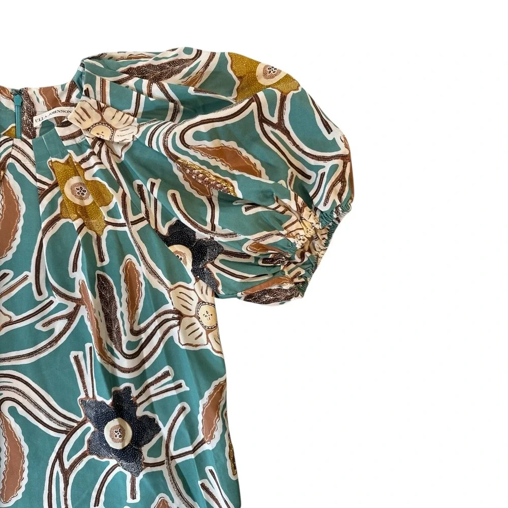 Ulla Johnson Jamilah Puff Short Sleeve‎ Silk Blouse Topaz-Navy-Tan Sz 2  EUC